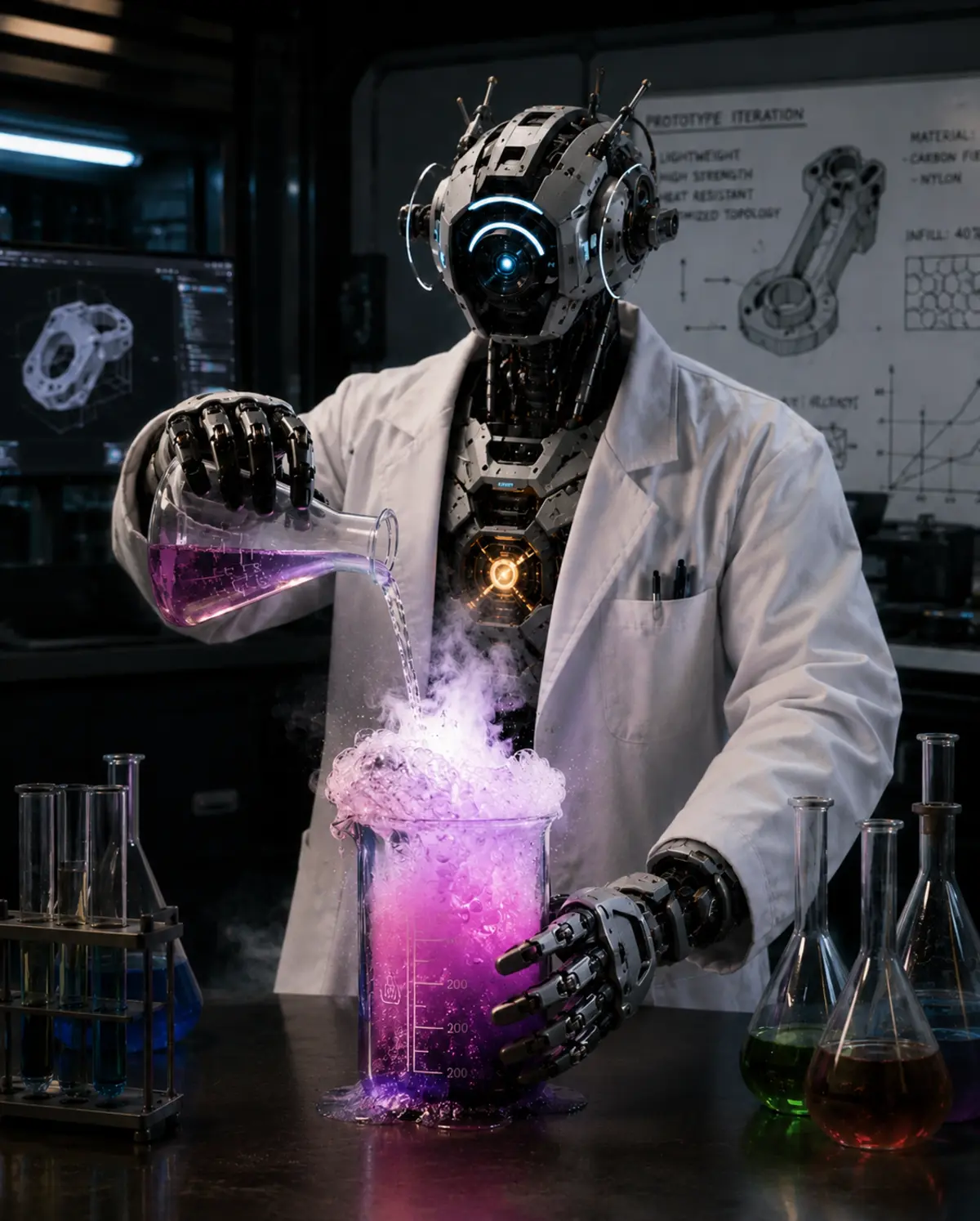 Synthetic Scientist robot in a lab coat handling a fuming chemical reaction with steady robotic hands