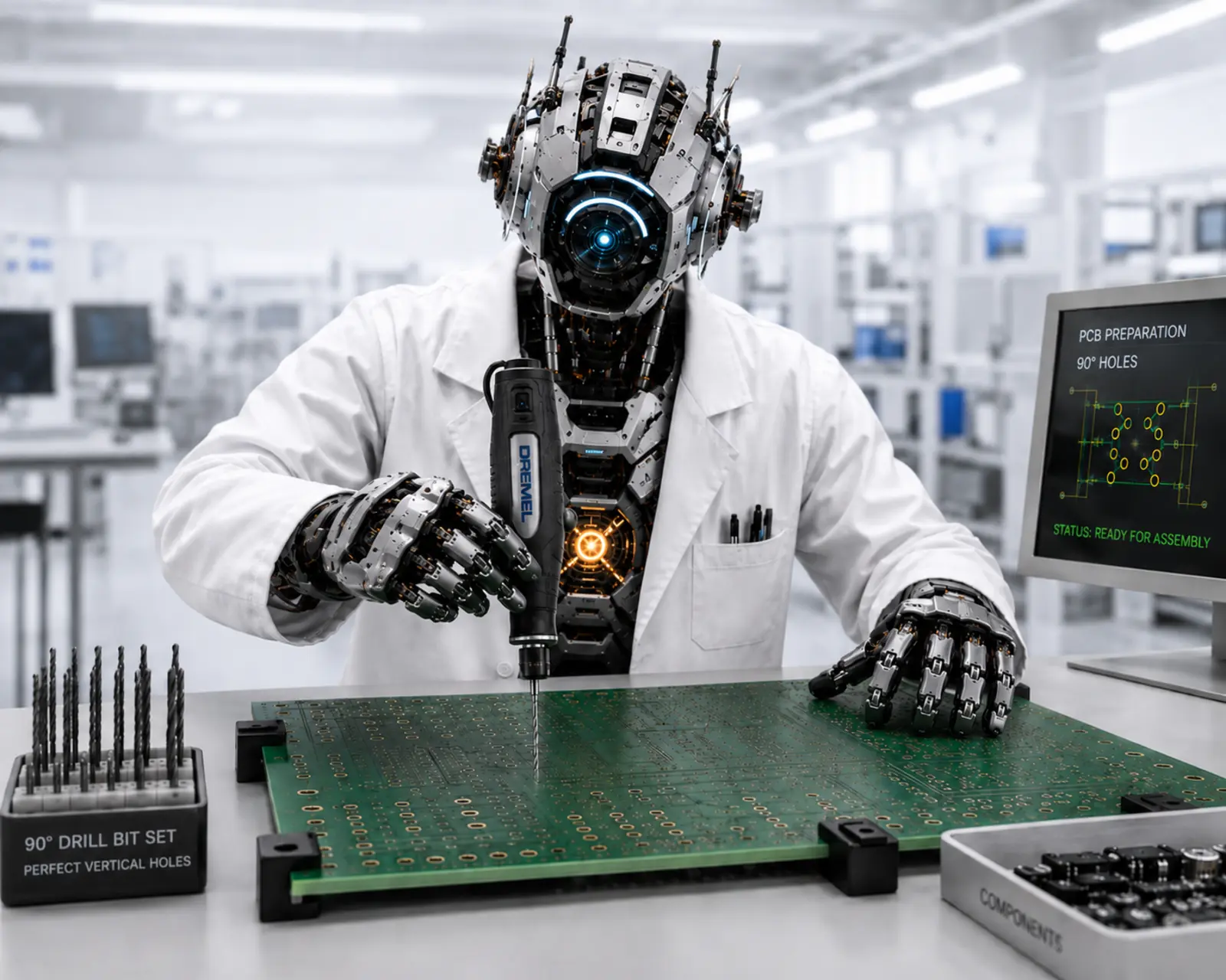 Synthetic Scientist robot drilling precise vertical holes in a printed circuit board at an electronics bench