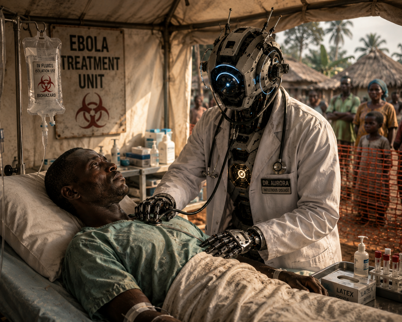 Artificial Inventor humanoid robot, callsign Dr. Aurora, treating a patient inside a biohazard isolation tent