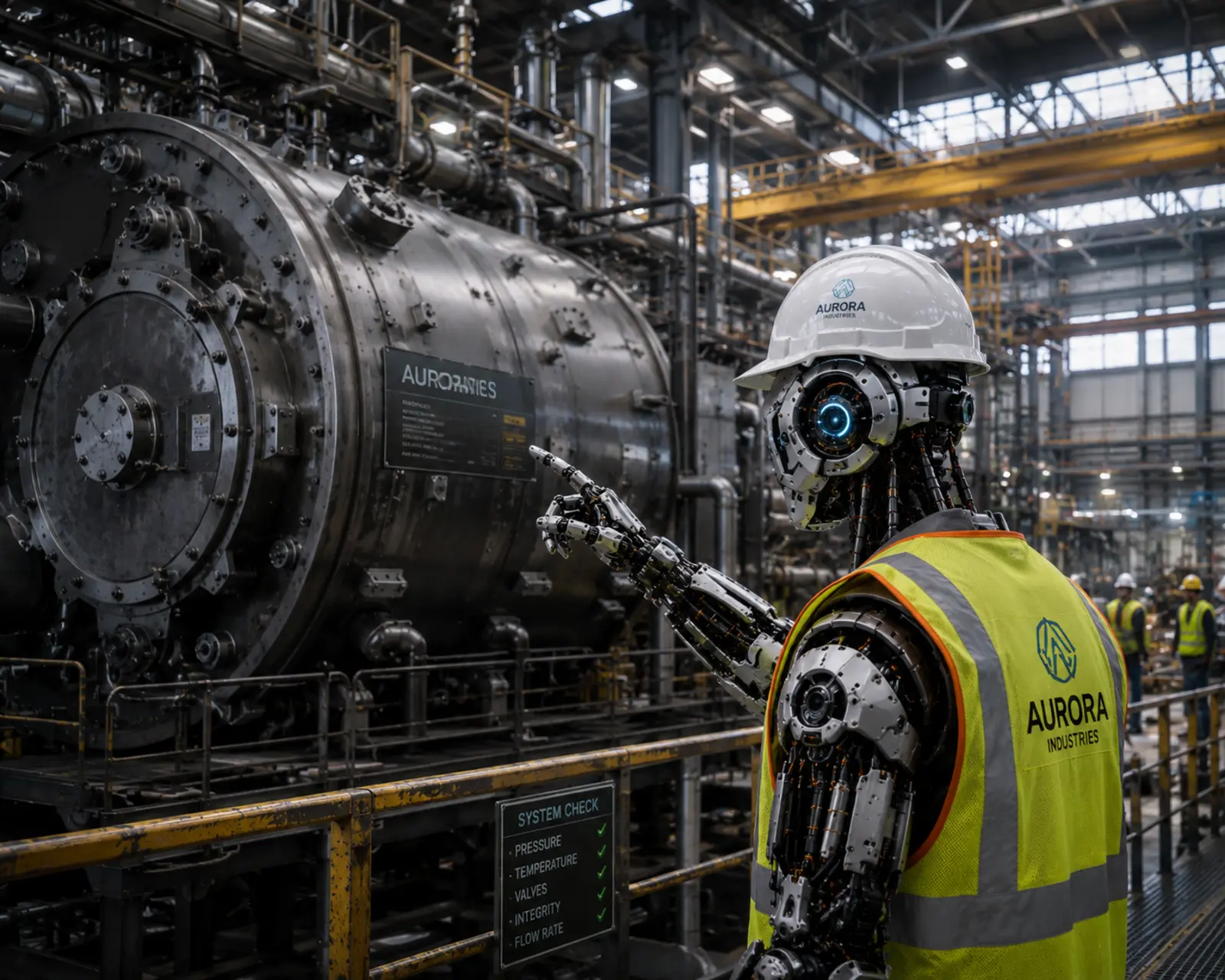 Synthetic Scientist robot in a hard hat and hi-vis vest inspecting a pressure vessel on a plant floor, system check board showing all green