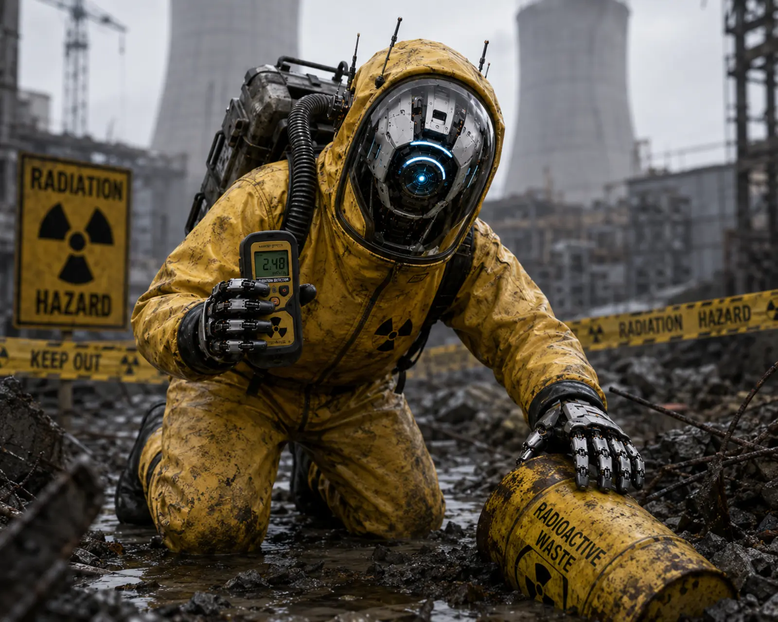 Synthetic Scientist robot in a hazmat suit taking dosimeter readings inside a radiation exclusion zone